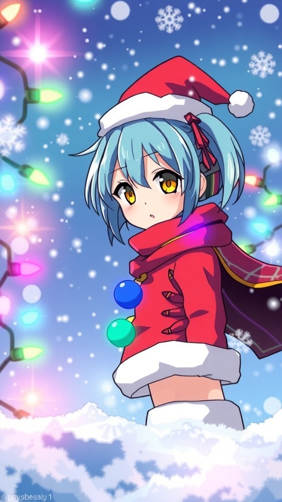Vocaloid character in a Santa outfit with Christmas lights and snowflakes in a winter setting.